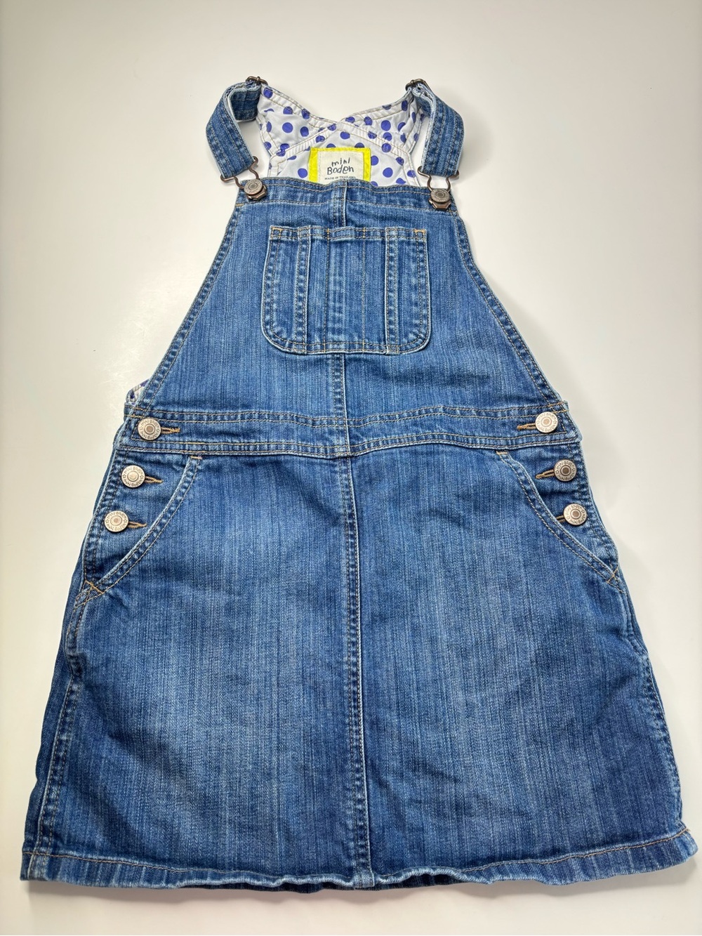 Mini Boden Blue Denim Girls' Overall Dress with Polka Dot Lining